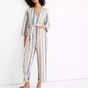 Madewell NWOT striped tie-waist zip-up jumpsuit Cotton Twill 6 Long Sleeve